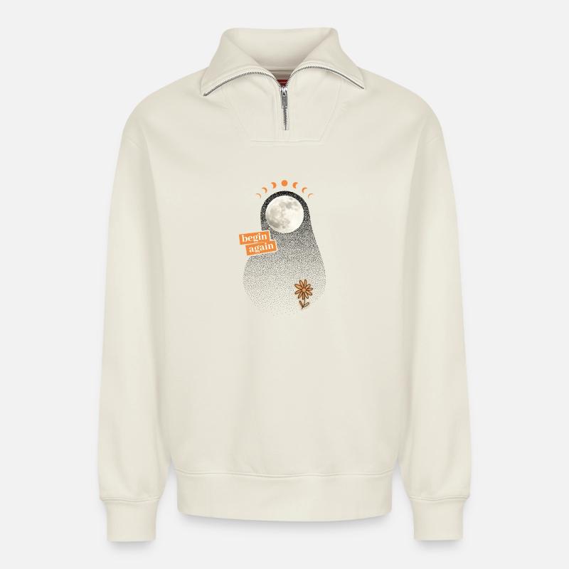 Neuanfang: begin again - Relaxed Unisex Organic Half Zip Sweatshirt – von SPREAD - Naturweiß