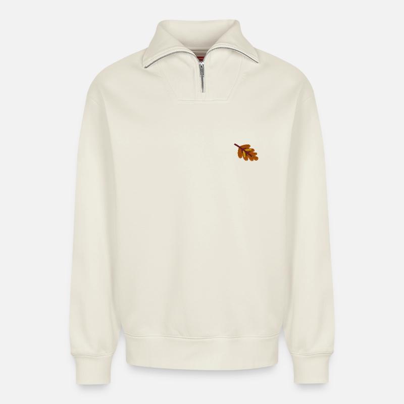 Feuille de chêne brodée - Sweat unisexe décontracté en coton biologique à demi-zip – de SPREAD - blanc cassé