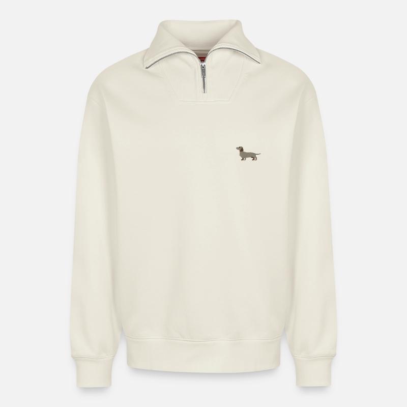 Teckel brodé - Sweat unisexe décontracté en coton biologique à demi-zip – de SPREAD - blanc cassé