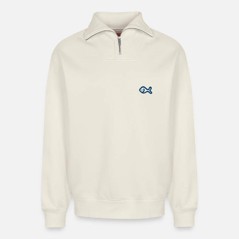 Fisch bestickt - Relaxed Unisex Organic Half Zip Sweatshirt – von SPREAD - Naturweiß