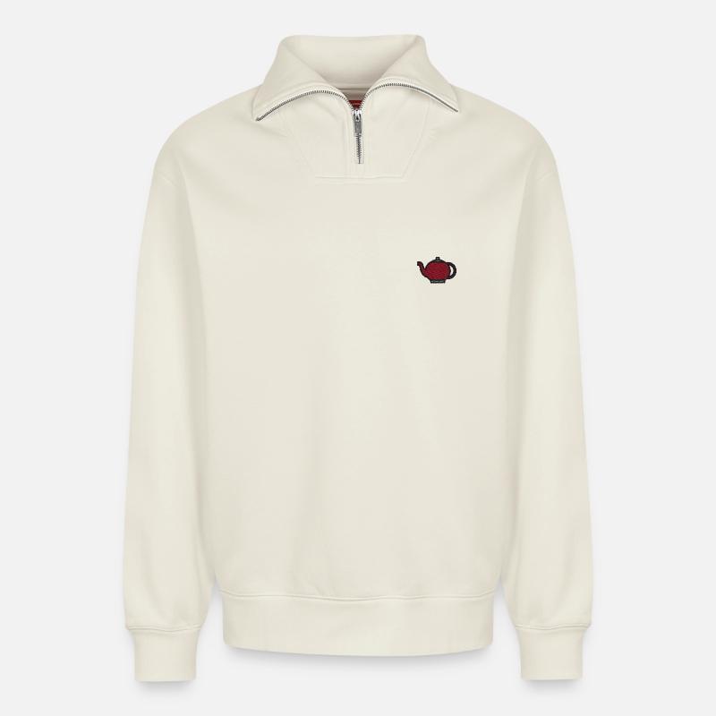 Bouilloire brodée - Sweat unisexe décontracté en coton biologique à demi-zip – de SPREAD - blanc cassé