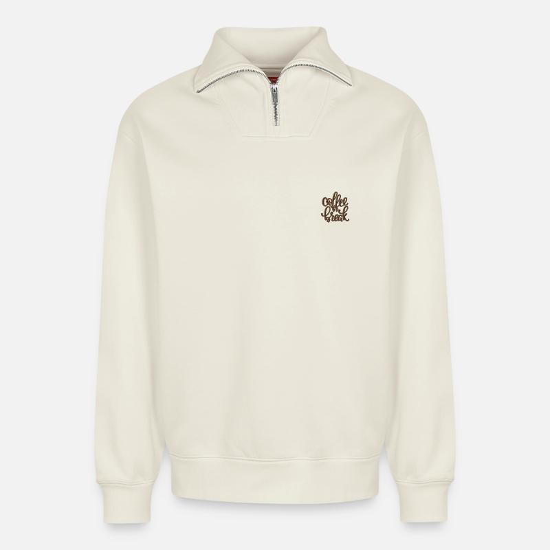 Spruch Coffee Break bestickt - Relaxed Unisex Organic Half Zip Sweatshirt – von SPREAD - Naturweiß