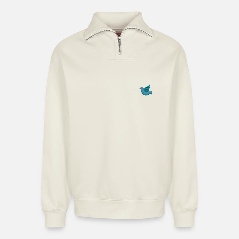 Taube bestickt - Relaxed Unisex Organic Half Zip Sweatshirt – von SPREAD - Naturweiß