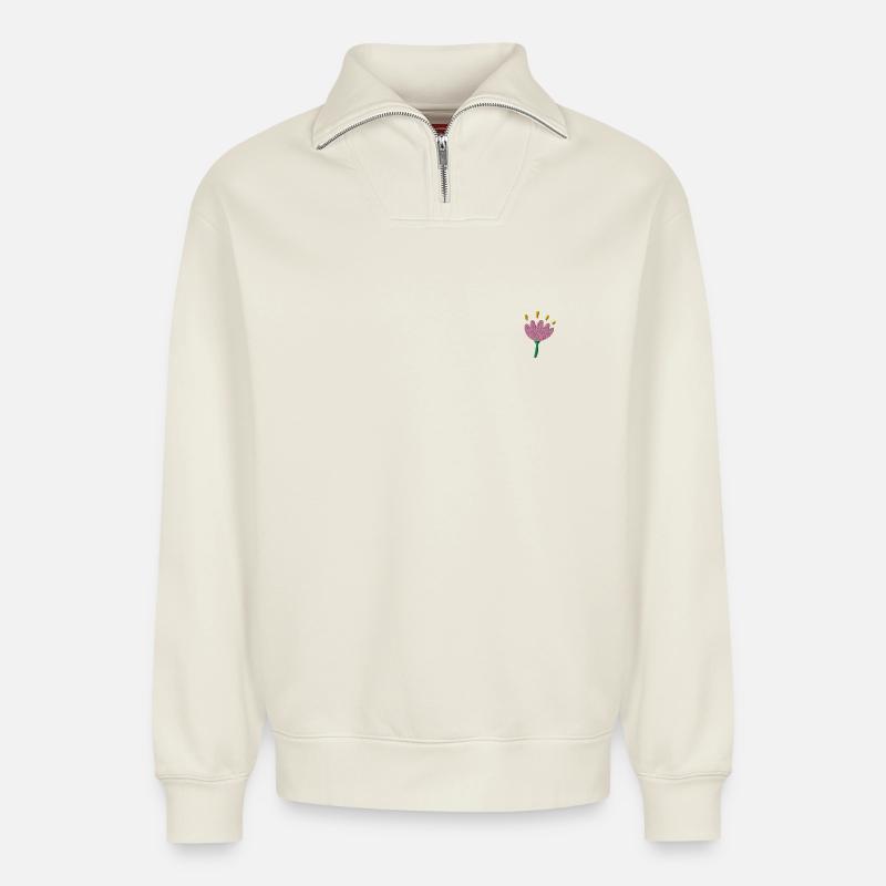 Blume bestickt - Relaxed Unisex Organic Half Zip Sweatshirt – von SPREAD - Naturweiß