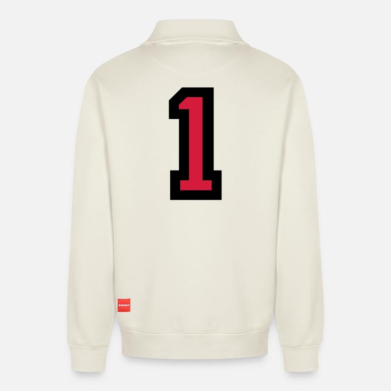 Number One 1 - Relaxed Unisex Organic Half Zip Sweatshirt – by SPREAD - off white