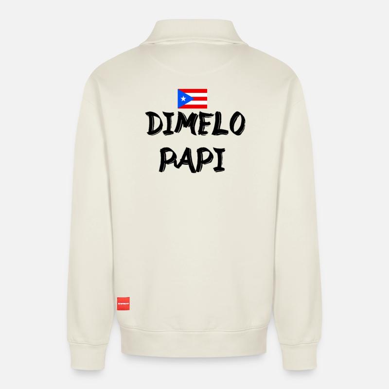 Dimelo Papi Latino - Relaxed Unisex Organic Half Zip Sweatshirt – by SPREAD - off white