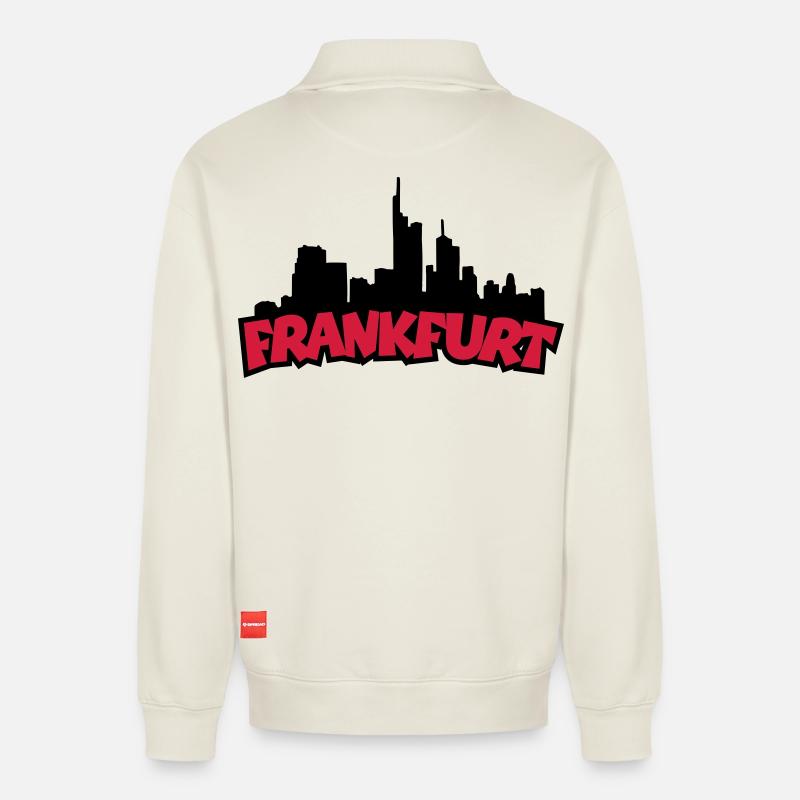 Frankfurt Skyline - Relaxed Unisex Organic Half Zip Sweatshirt – von SPREAD - Naturweiß
