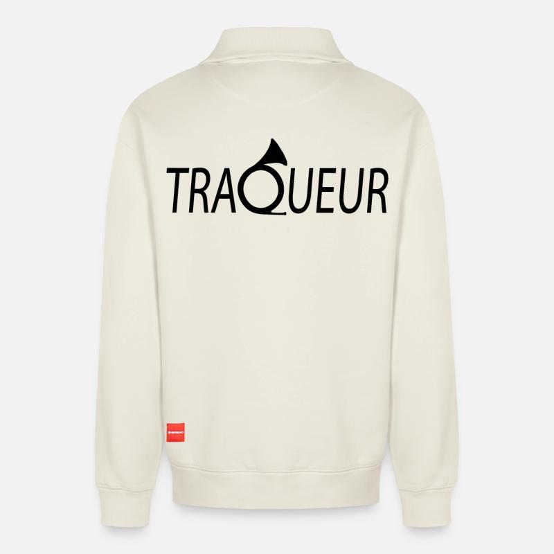 TRACKER T-Shirt anpassbar mit Ihrem Text - Relaxed Unisex Organic Half Zip Sweatshirt – von SPREAD - Naturweiß