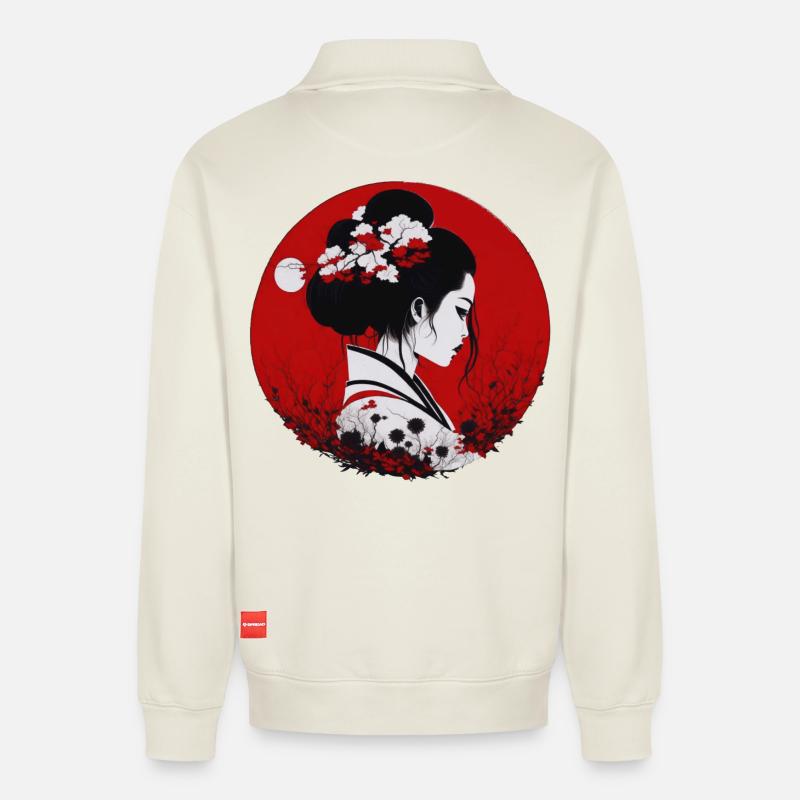 japanisches Mädchen - Relaxed Unisex Organic Half Zip Sweatshirt – von SPREAD - Naturweiß