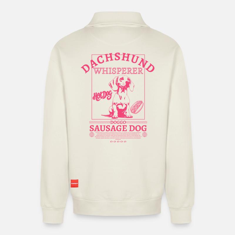 Dachshund_Whisperer_backprint_pink - Relaxed Unisex Organic Half Zip Sweatshirt – von SPREAD - Naturweiß