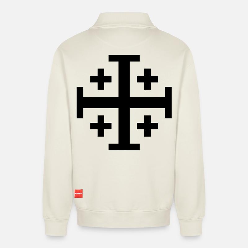 Kreuzritter-Kreuz - Relaxed Unisex Organic Half Zip Sweatshirt – von SPREAD - Naturweiß