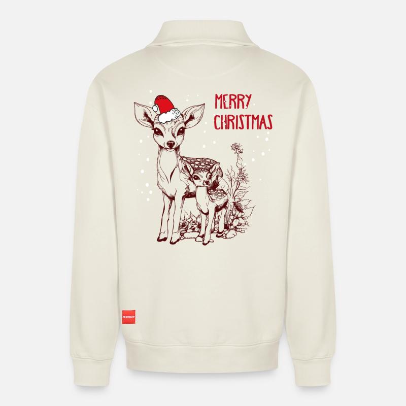 Weihnachten Reh mit Kitz - Relaxed Unisex Organic Half Zip Sweatshirt – von SPREAD - Naturweiß