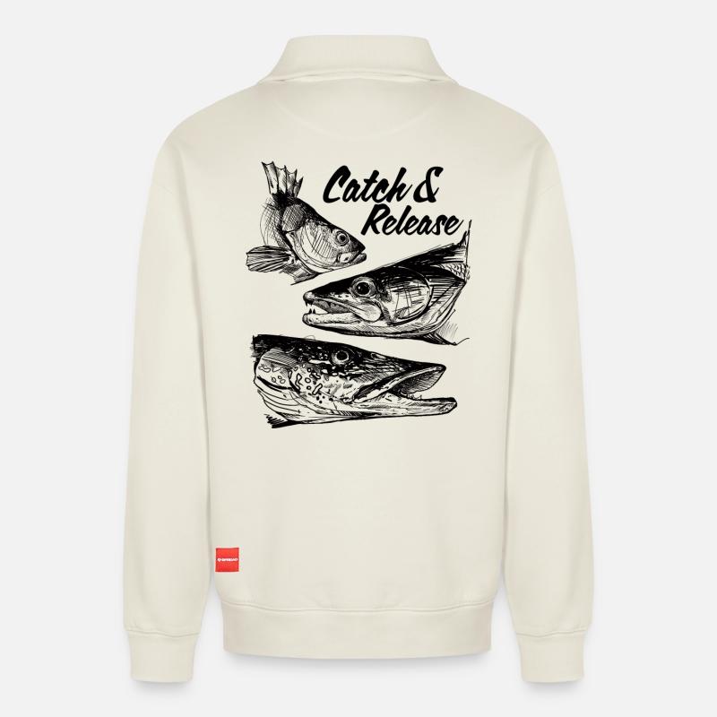 Catch & Release - Relaxed Unisex Organic Half Zip Sweatshirt – von SPREAD - Naturweiß