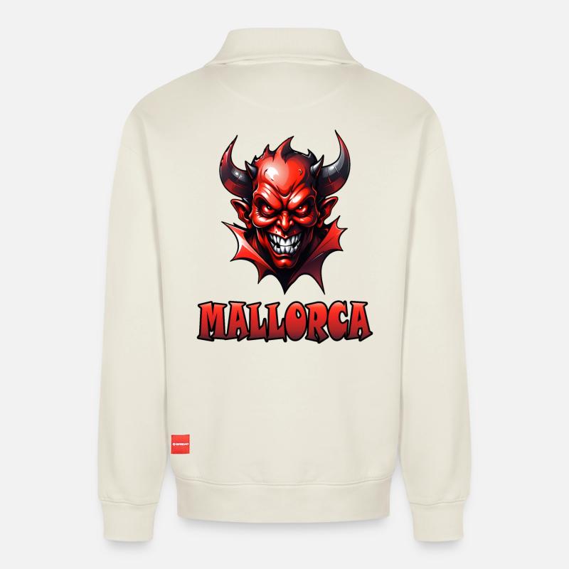 Mallorca with Red Devil - Relaxed Unisex Organic Half Zip Sweatshirt – by SPREAD - off white