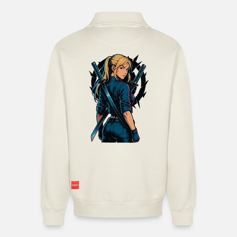 Fighter Samurai Zweikatana's Motif - Relaxed Unisex Organic Half Zip Sweatshirt – by SPREAD - off white