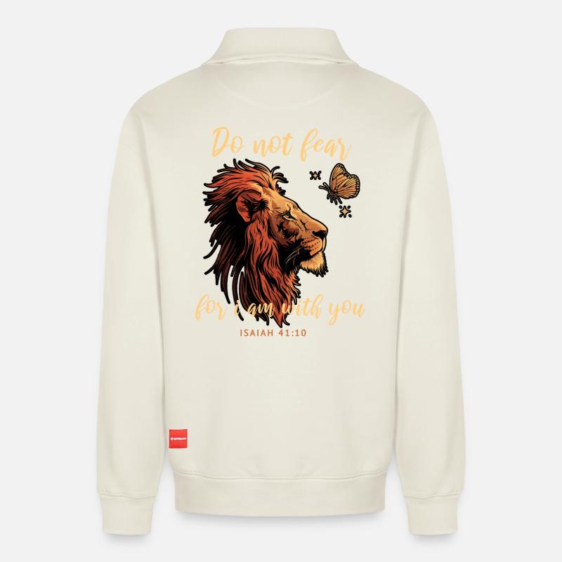 Löwe Schmetterling Bibelvers - Relaxed Unisex Organic Half Zip Sweatshirt – von SPREAD - Naturweiß