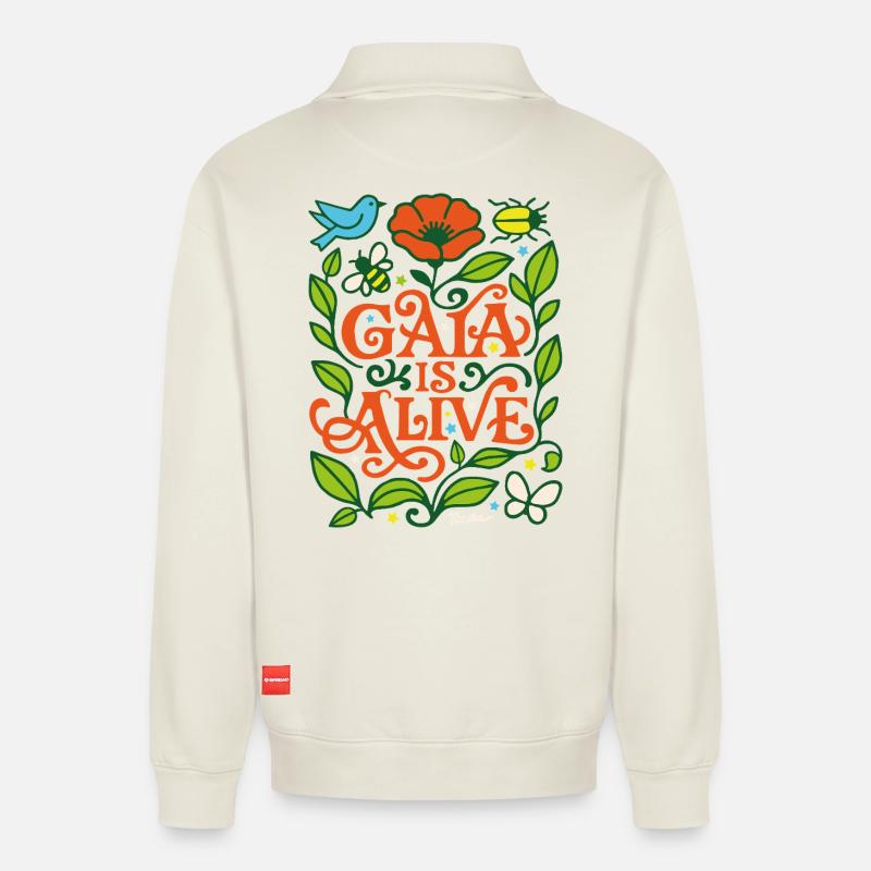 Gaia lebt - Relaxed Unisex Organic Half Zip Sweatshirt – von SPREAD - Naturweiß