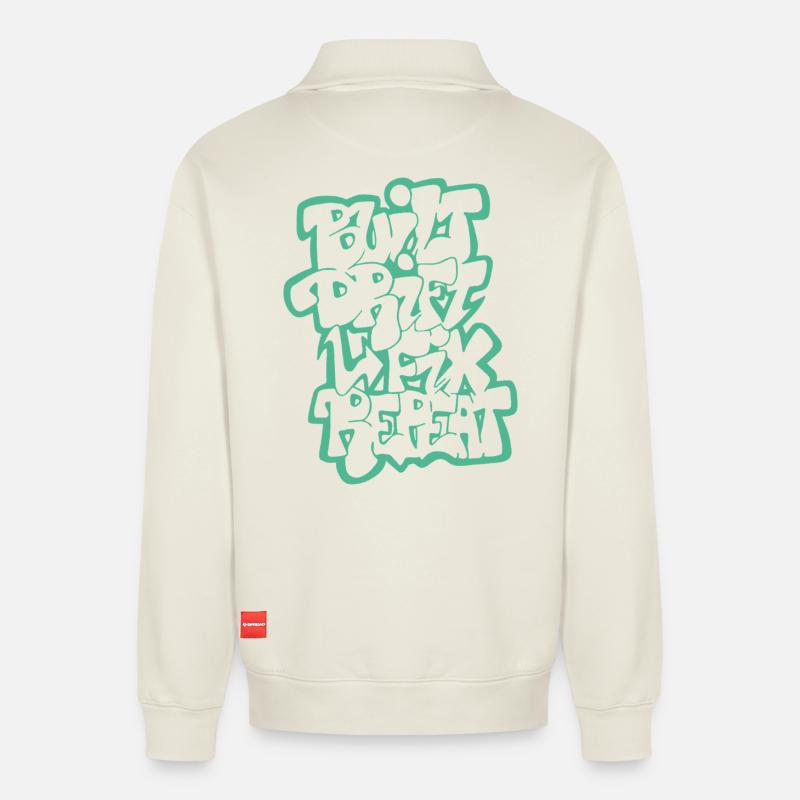Dérivée construite Fix Répéter 04 - Sweat unisexe décontracté en coton biologique à demi-zip – de SPREAD - blanc cassé