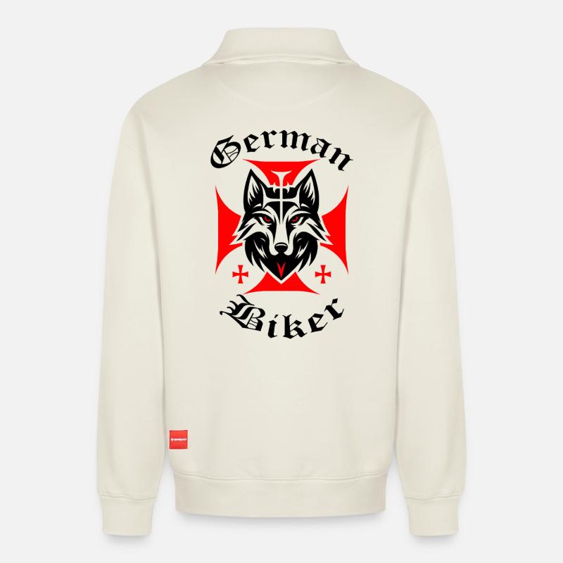 Roter Wolf - German Biker - Relaxed Unisex Organic Half Zip Sweatshirt – von SPREAD - Naturweiß