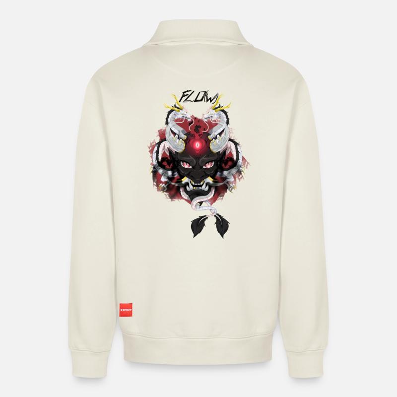 Flow's Oni Mask - Relaxed Unisex Organic Half Zip Sweatshirt – von SPREAD - Naturweiß