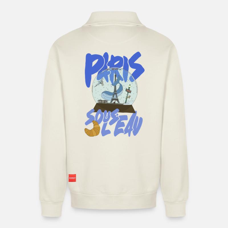 Paris Schneekugel Blau – Eiffel-Ikone - Relaxed Unisex Organic Half Zip Sweatshirt – von SPREAD - Naturweiß