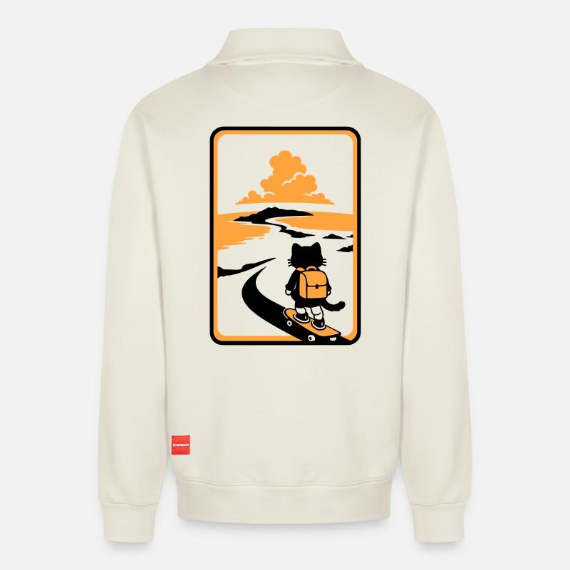 Coucher de soleil Skate Cat - Sweat unisexe décontracté en coton biologique à demi-zip – de SPREAD - blanc cassé