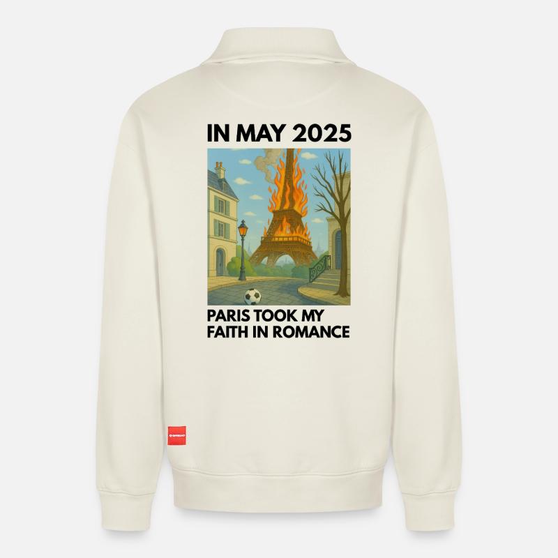 Eiffel Tower on Fire - Relaxed Unisex Organic Half Zip Sweatshirt – by SPREAD - off white