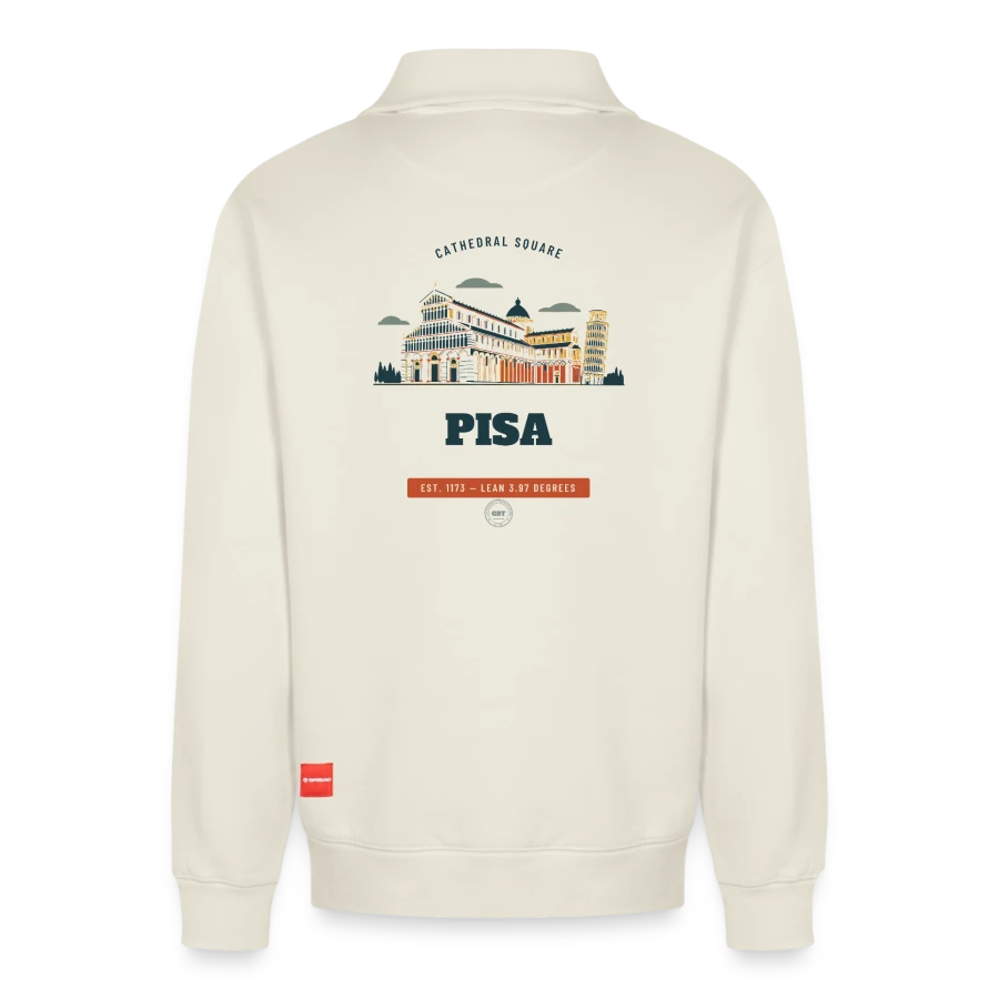 Pisa badge on a relaxed unisex organic half zip sweatshirt – by spread, off white, back