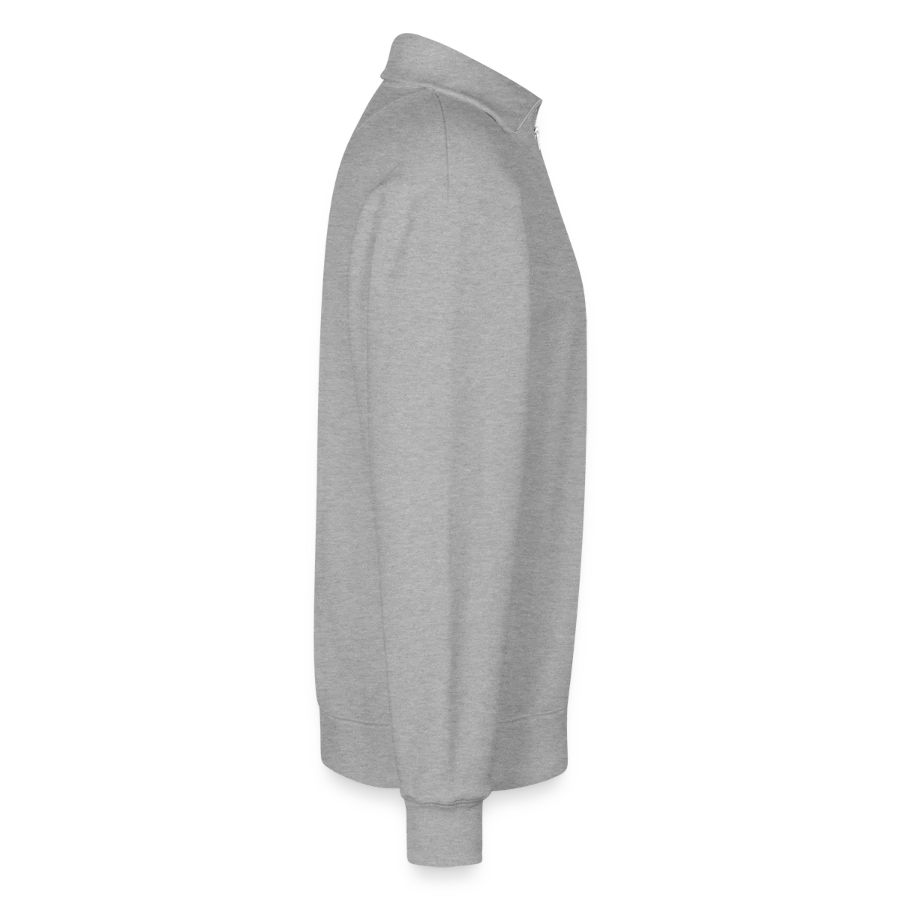 Zurich badge on a relaxed unisex organic half zip sweatshirt – by spread, heather grey, right