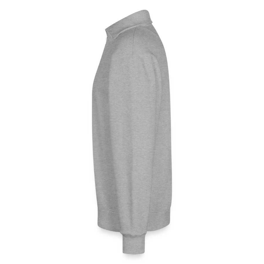 Zurich badge on a relaxed unisex organic half zip sweatshirt – by spread, heather grey, left