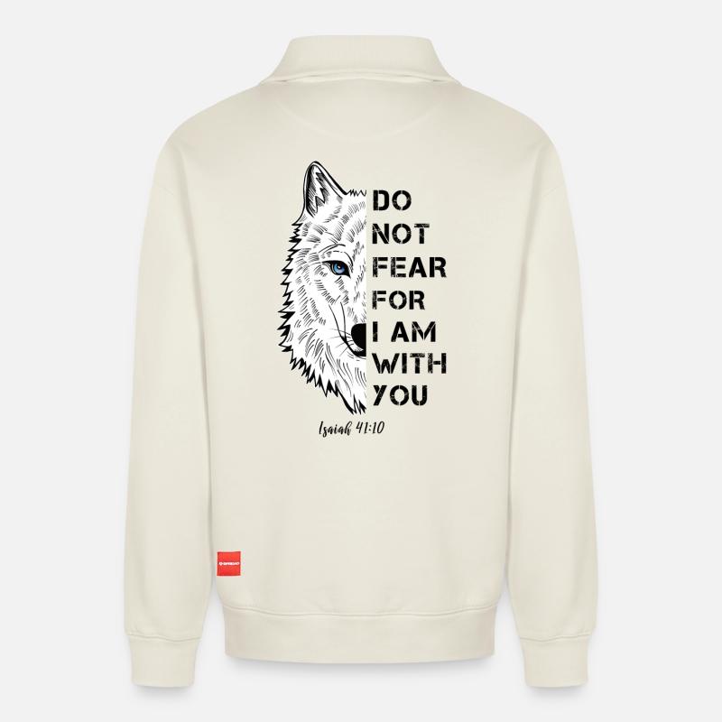 Citation religieuse - Sweat unisexe décontracté en coton biologique à demi-zip – de SPREAD - blanc cassé