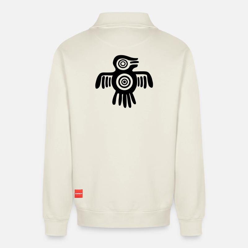 Oiseau aztèque - Sweat unisexe décontracté en coton biologique à demi-zip – de SPREAD - blanc cassé