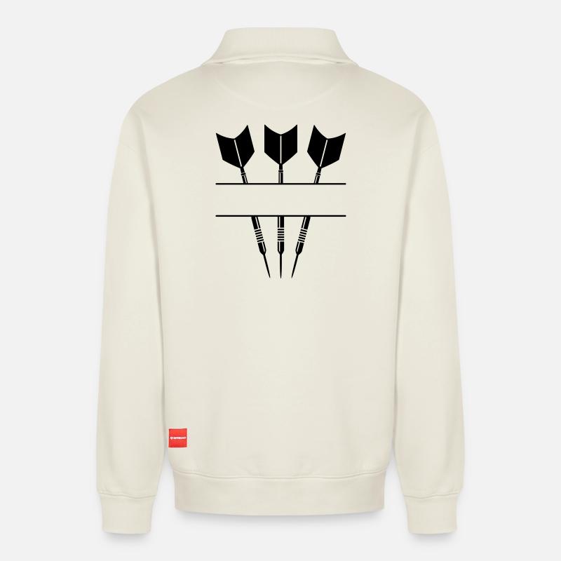 Drei Darts einfarbig mit Textzeile. - Relaxed Unisex Organic Half Zip Sweatshirt – von SPREAD - Naturweiß
