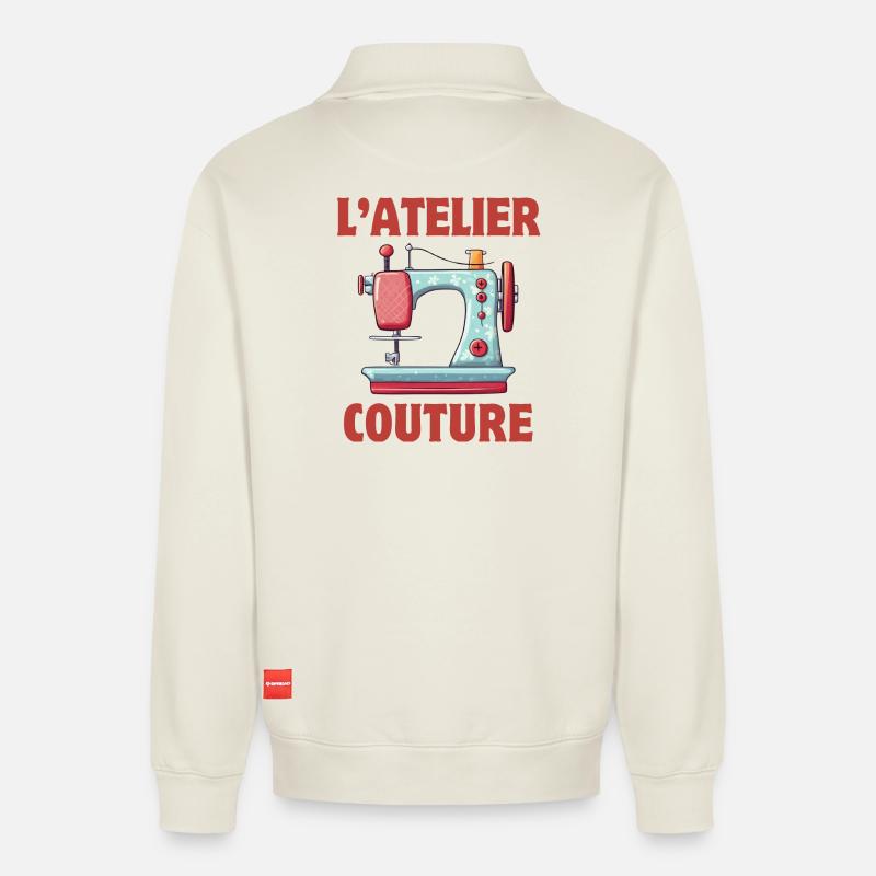 sewing, sewing workshop, embroidery - Relaxed Unisex Organic Half Zip Sweatshirt – by SPREAD - off white
