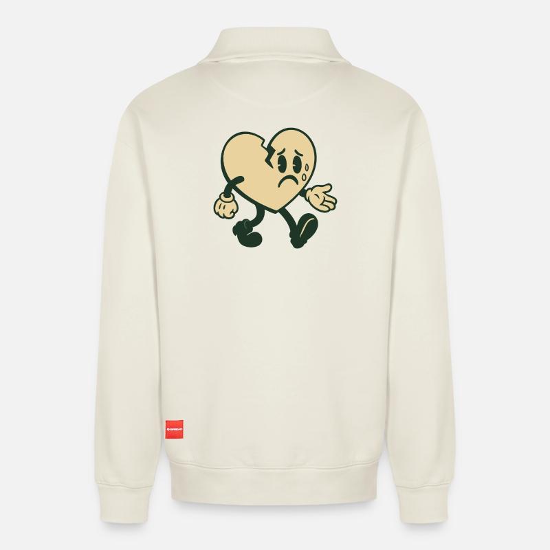 Broken heart with sad expression - Relaxed Unisex Organic Half Zip Sweatshirt – by SPREAD - off white