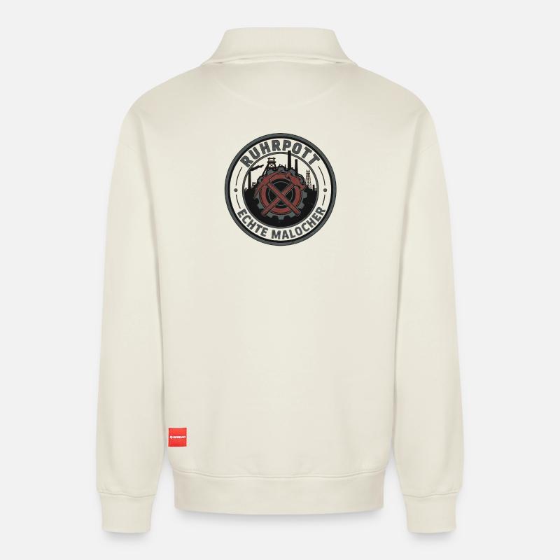 Ruhrpott Real Malocher Patch - Sweat unisexe décontracté en coton biologique à demi-zip – de SPREAD - blanc cassé