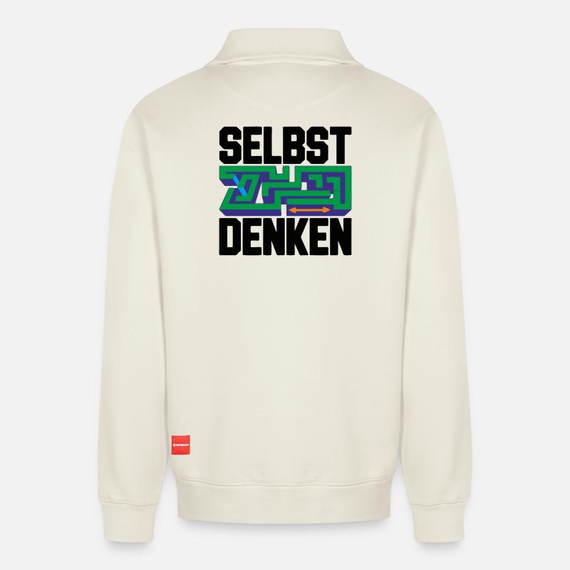 Selbst denken = Eigenständigkeit - Relaxed Unisex Organic Half Zip Sweatshirt – von SPREAD - Naturweiß