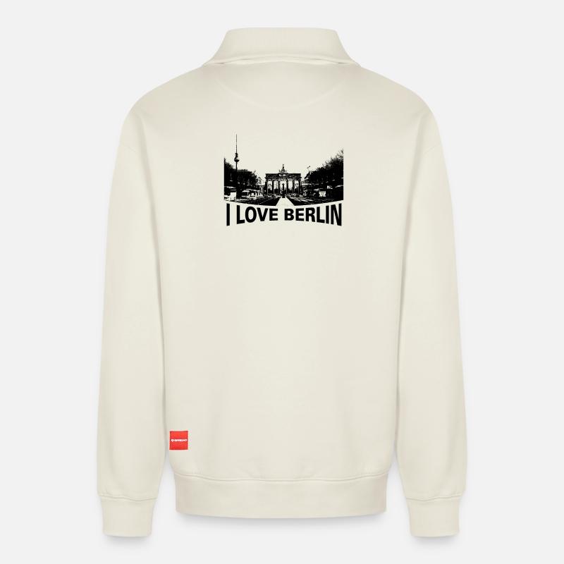 I love Berlin mit BilD - Relaxed Unisex Organic Half Zip Sweatshirt – von SPREAD - Naturweiß