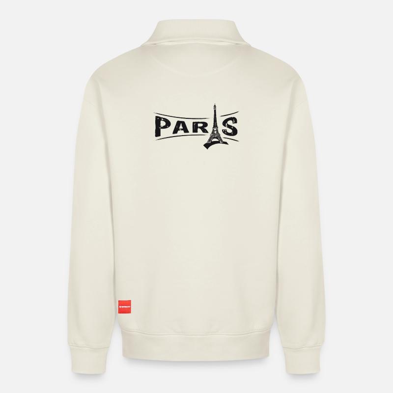 PARIS with Eiffel Tower - Relaxed Unisex Organic Half Zip Sweatshirt – by SPREAD - off white