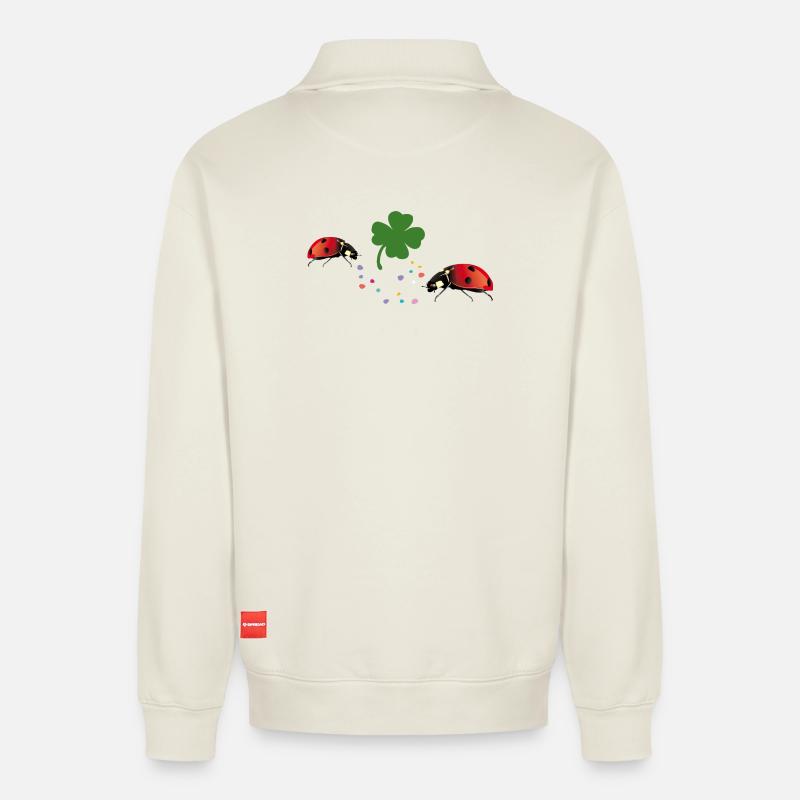 Ladybug Shamrock Lucky - Relaxed Unisex Organic Half Zip Sweatshirt – by SPREAD - off white
