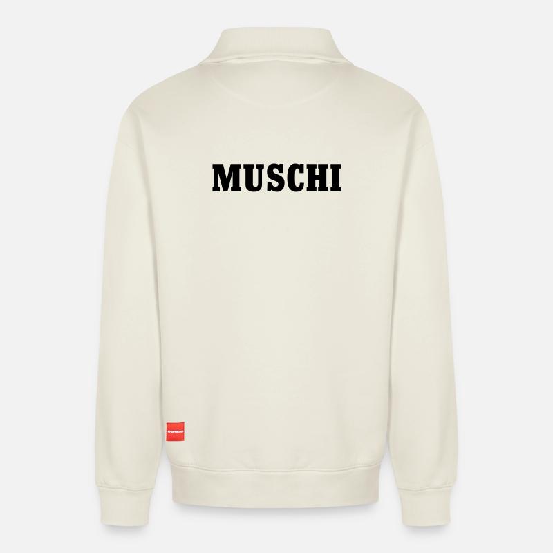 Muschi Pussie - Relaxed Unisex Organic Half Zip Sweatshirt – von SPREAD - Naturweiß