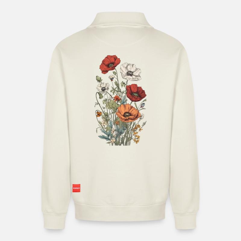 Wunderschönes Boho Mohn Herbarium Bouquet - Relaxed Unisex Organic Half Zip Sweatshirt – von SPREAD - Naturweiß