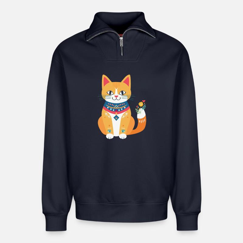 mignon chat folklore - Sweat unisexe décontracté en coton biologique à demi-zip – de SPREAD - bleu marine