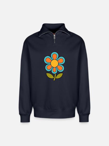 70s flower pattern retro flowerpower - Relaxed Unisex Organic Half Zip Sweatshirt – by SPREAD - navy
