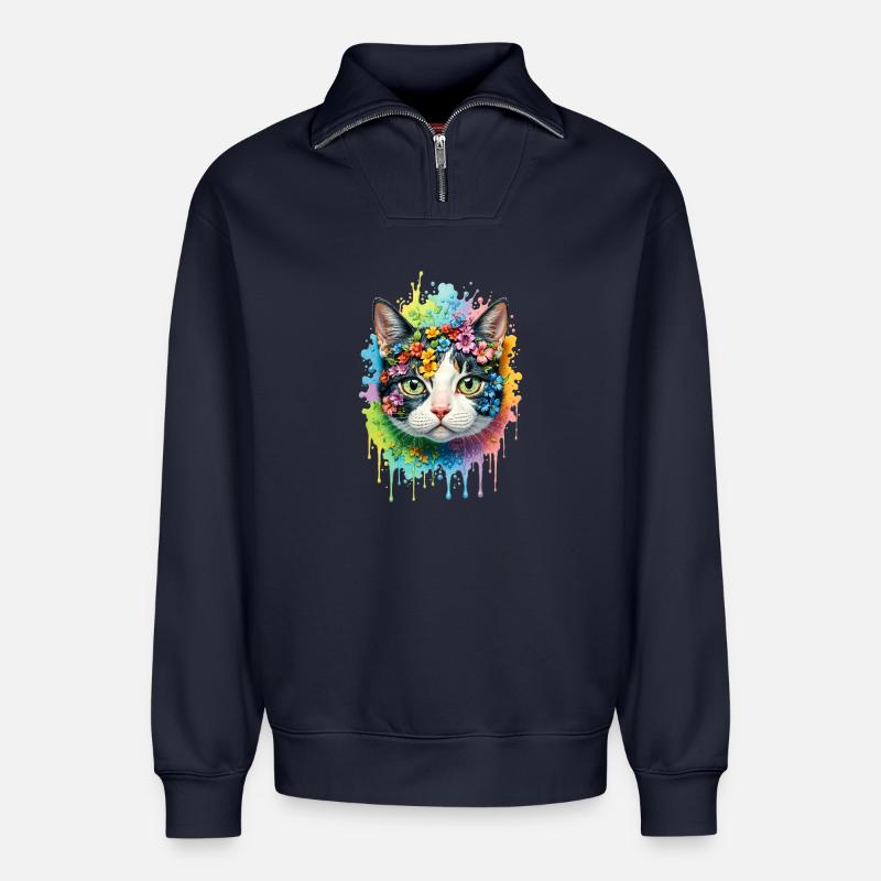 Bunte Katze - Relaxed Unisex Organic Half Zip Sweatshirt – von SPREAD - Navy