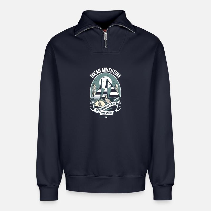Nautisches Abenteuer: Segelboot & Leuchtturm - Relaxed Unisex Organic Half Zip Sweatshirt – von SPREAD - Navy