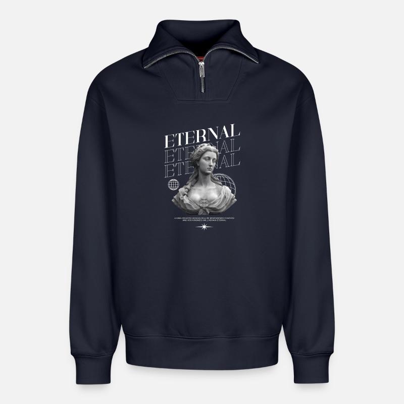 Bonté éternelle : Statue, collage globe - Sweat unisexe décontracté en coton biologique à demi-zip – de SPREAD - bleu marine