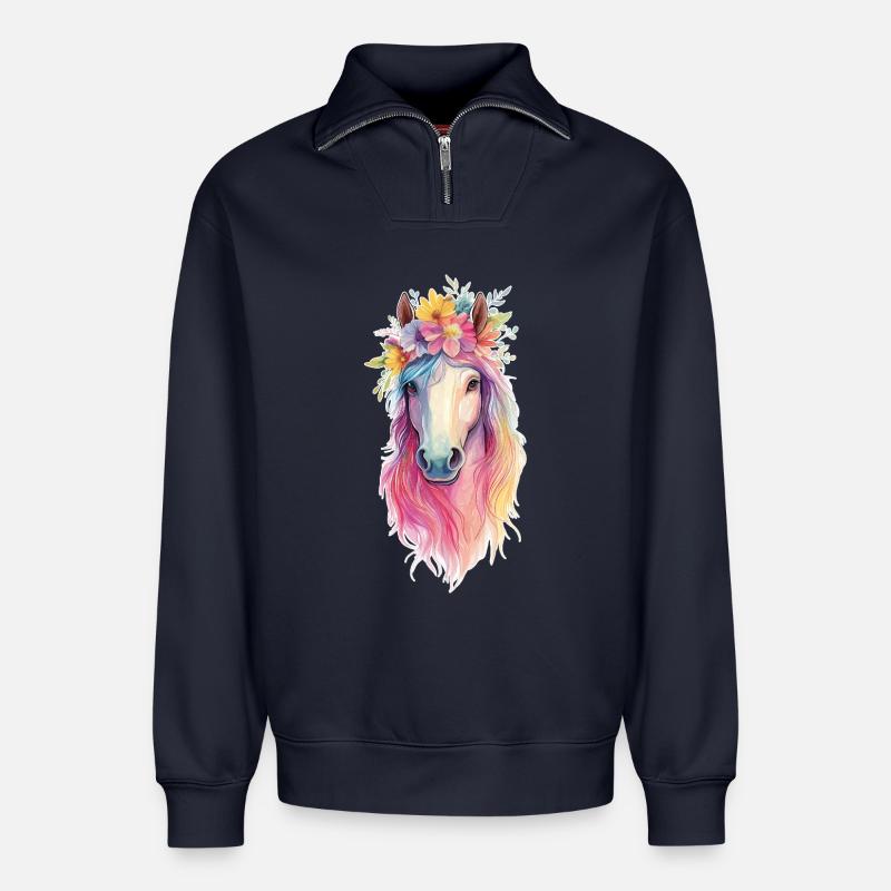Pferd mit Blumen - Relaxed Unisex Organic Half Zip Sweatshirt – von SPREAD - Navy