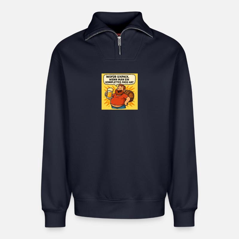 Six Pack oder Fass - Relaxed Unisex Organic Half Zip Sweatshirt – von SPREAD - Navy