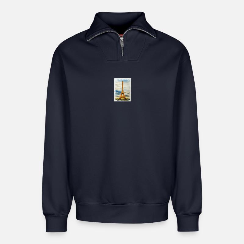 Aquarell Eiffelturm Skyline Kunst - Relaxed Unisex Organic Half Zip Sweatshirt – von SPREAD - Navy